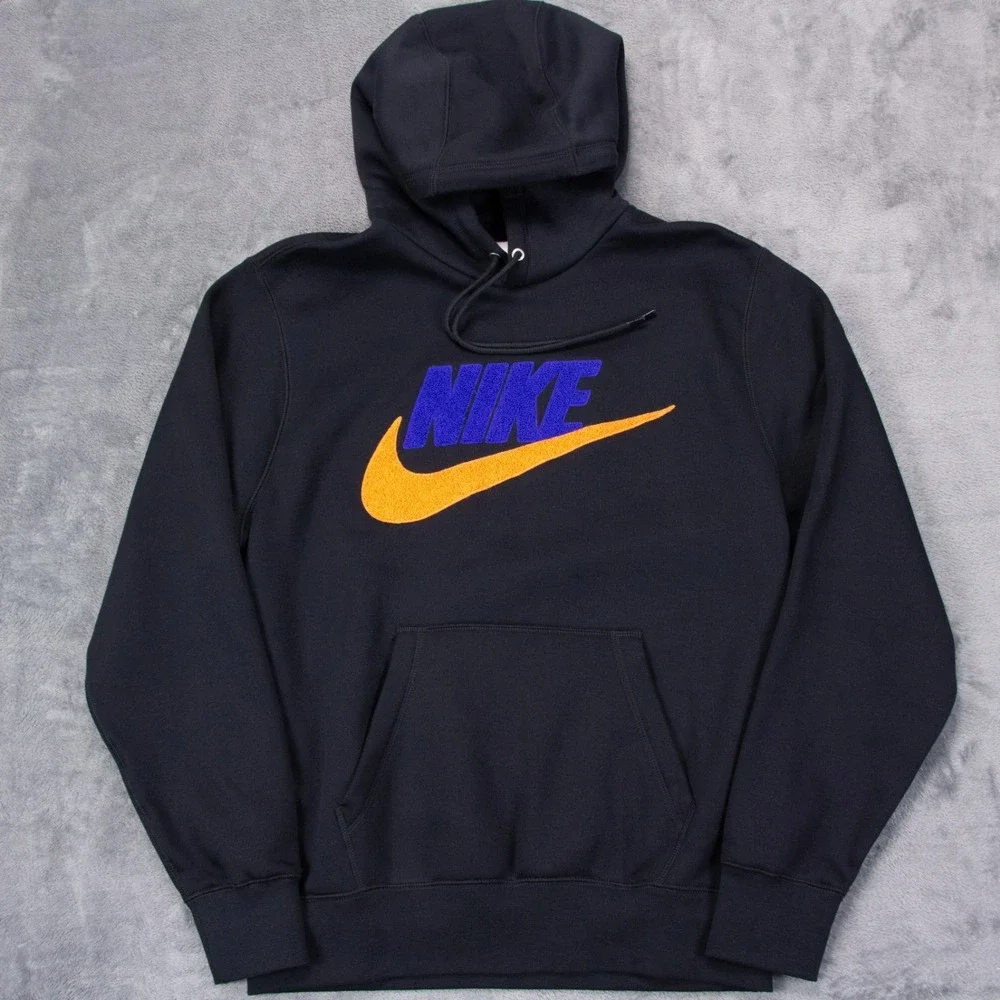 Nike Mens S Club Fleece Black Brushed Back Chenille Futura Swoosh Hoodie NEW $85